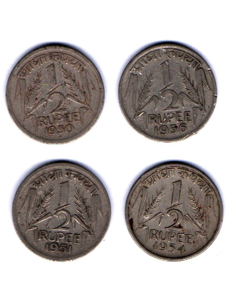     			RAJACOINS- 1/2  50 /  HALF RUPEE  FIFTY   PAISE / PAISA /  VERY RARE USED  HALF RUPEE 1950/ 1951/ 1954/ 1956  NICKEL MAGNETIC   (4 PCS)  COMMEMORATIVE COLLECTIBLE- USED GOOD CONDITION