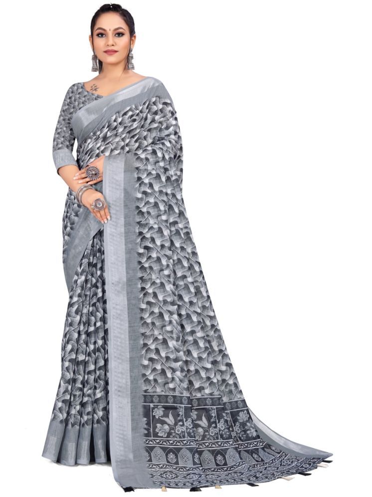     			THE PRIVATE LABLE Linen Embroidered Saree With Blouse Piece - Grey ( Pack of 1 )