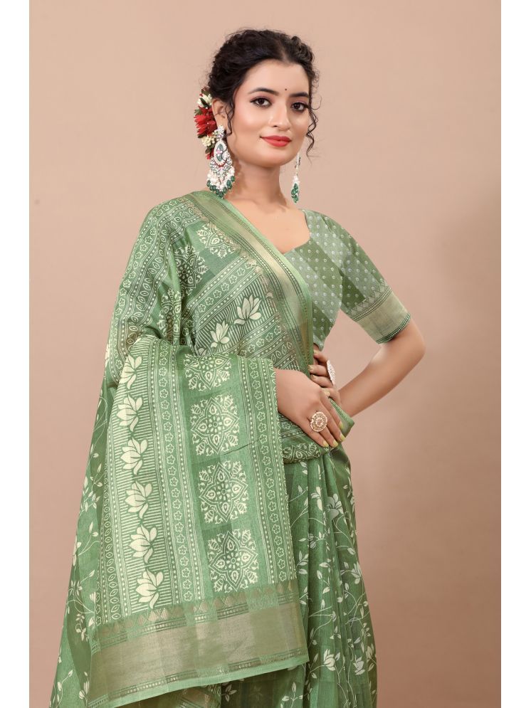     			THE PRIVATE LABLE Linen Embroidered Saree With Blouse Piece - Green ( Pack of 1 )