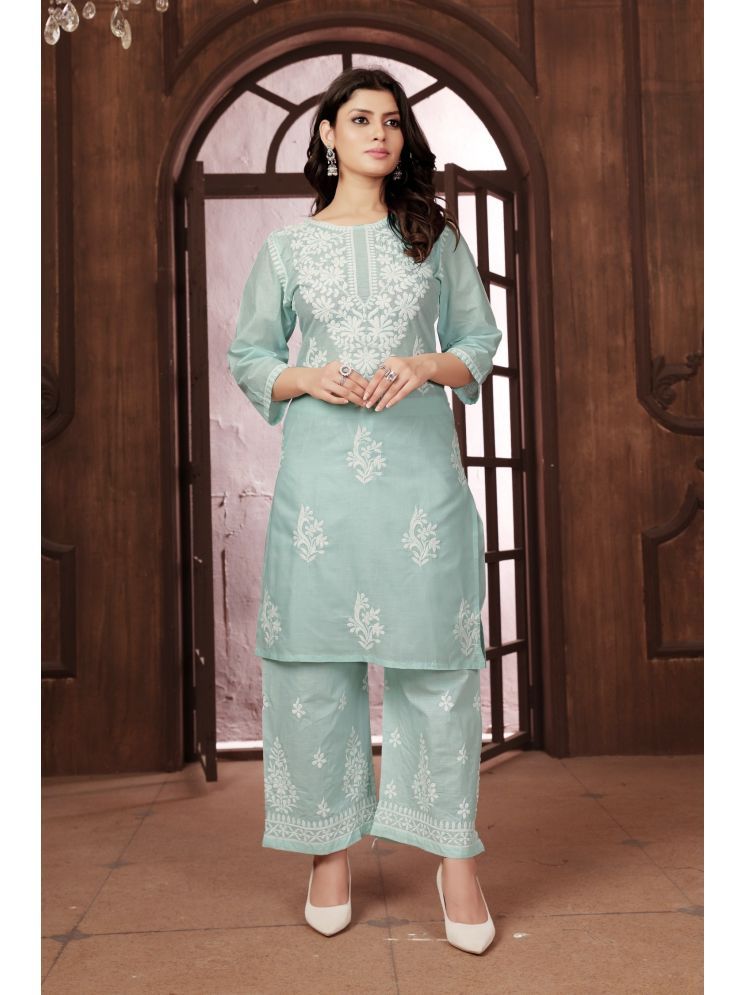     			A TO Z CART Cotton Embroidered Kurti With Palazzo Women's Stitched Salwar Suit - Sea Green ( Pack of 1 )