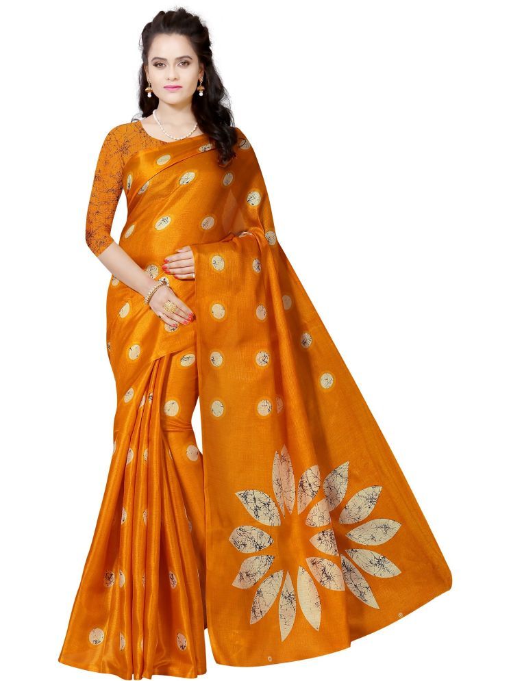     			INDIAN SILKS Cotton Blend Printed Saree With Blouse Piece - Gold ( Pack of 1 )