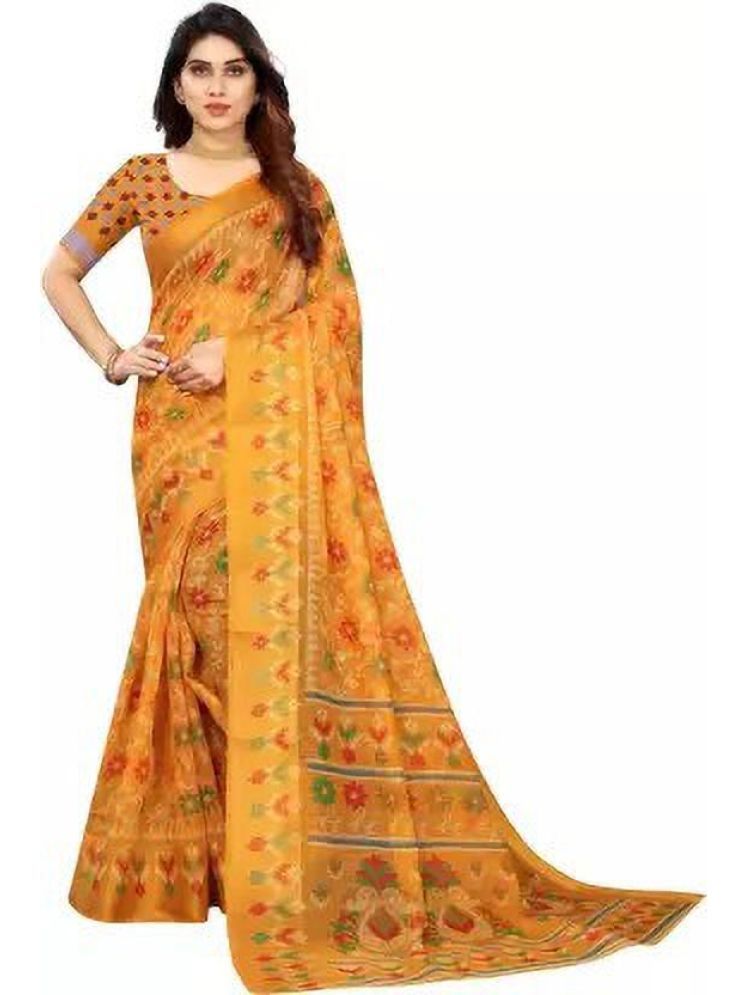     			INDIAN SILKS Cotton Silk Printed Saree With Blouse Piece - Yellow ( Pack of 1 )