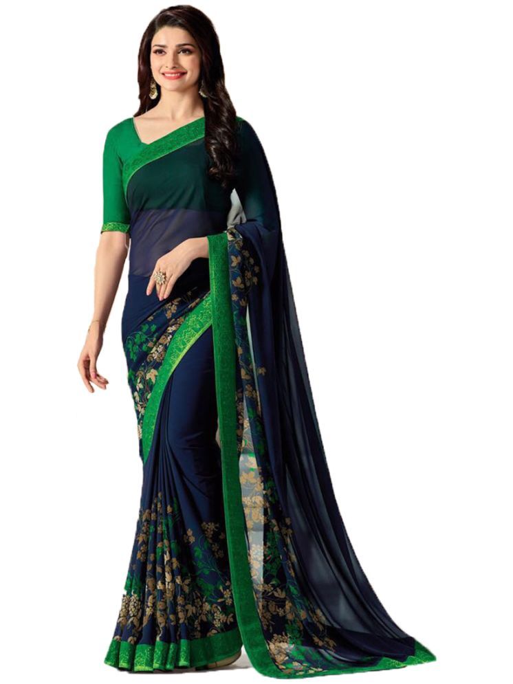     			KSNDV Trendz Georgette Printed Saree With Blouse Piece - Green ( Pack of 1 )