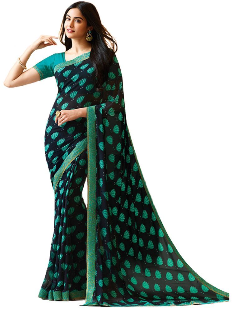     			KSNDV Trendz Georgette Printed Saree With Blouse Piece - Blue ( Pack of 1 )