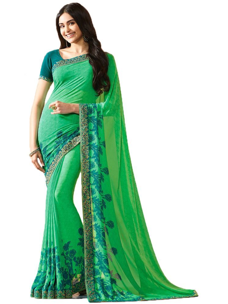     			KSNDV Trendz Georgette Printed Saree With Blouse Piece - Green ( Pack of 1 )