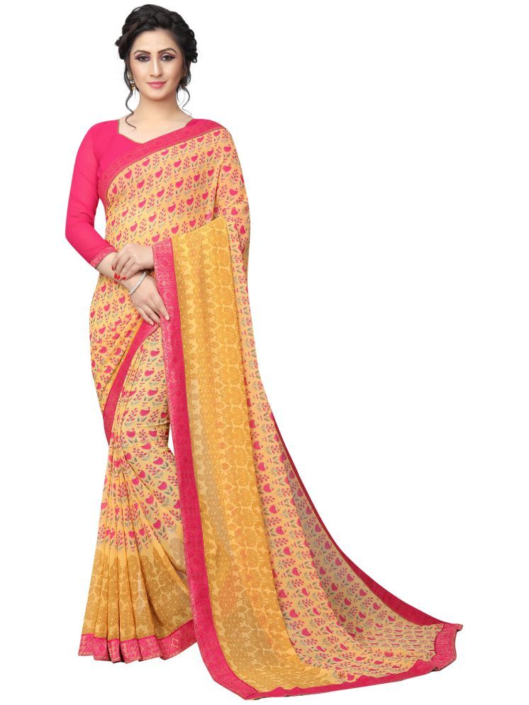     			KSNDV Trendz Georgette Printed Saree With Blouse Piece - Yellow ( Pack of 1 )