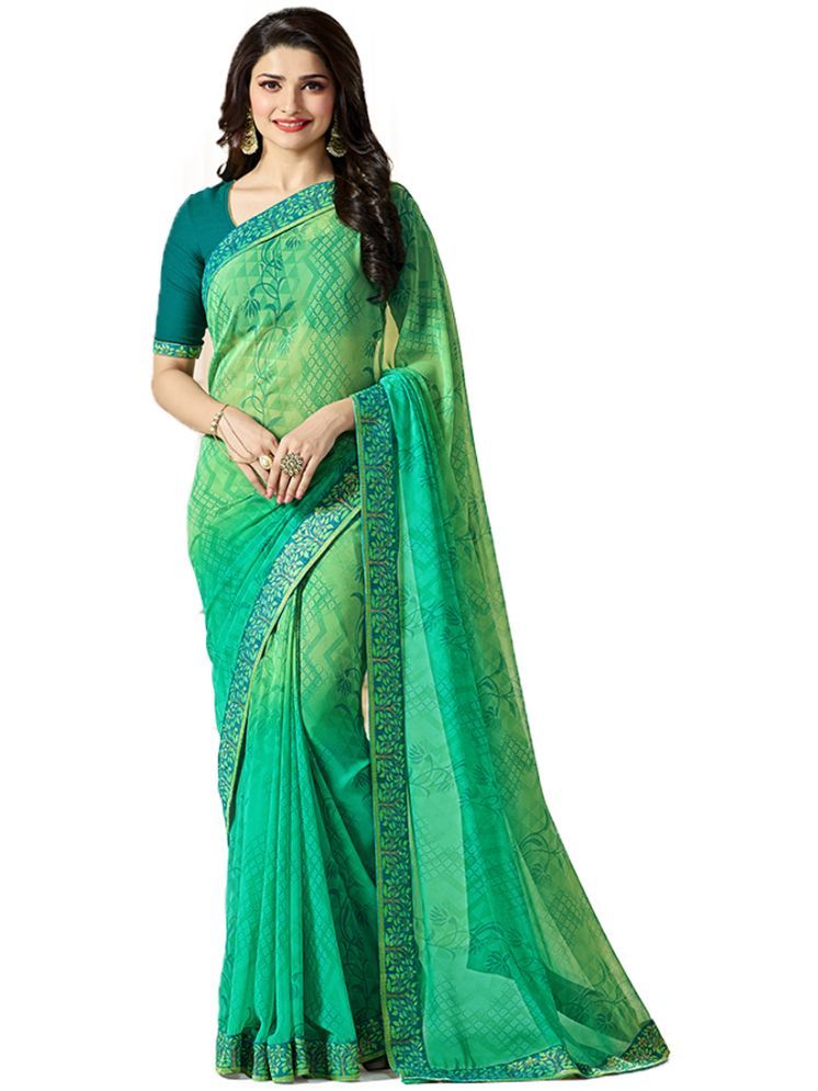     			KSNDV Trendz Georgette Printed Saree With Blouse Piece - LightGreen ( Pack of 1 )