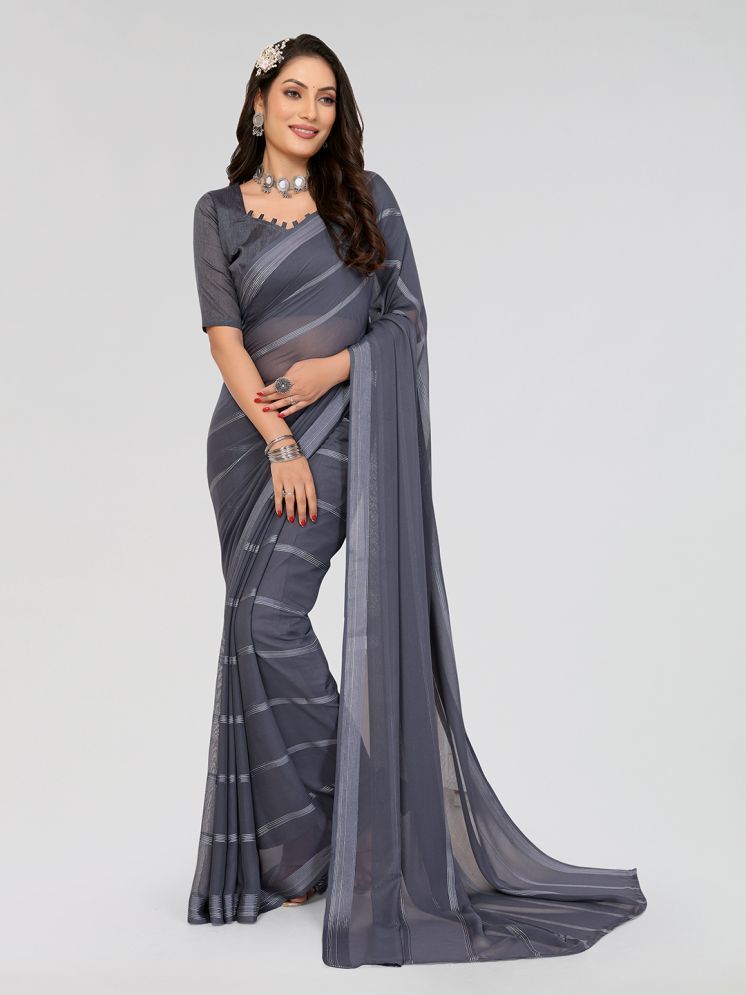     			Kashvi Sarees Satin Striped Saree With Blouse Piece - Grey ( Pack of 1 )