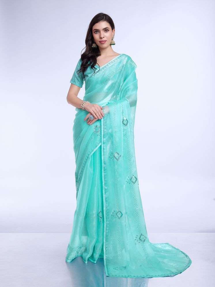     			Rekha Maniyar Chiffon Embellished Saree With Blouse Piece - Turquoise ( Pack of 1 )