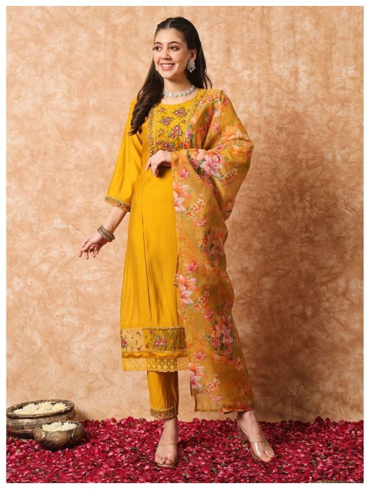     			SAREEKART FAB Viscose Embroidered Kurti With Pants Women's Stitched Salwar Suit - Yellow ( Pack of 1 )