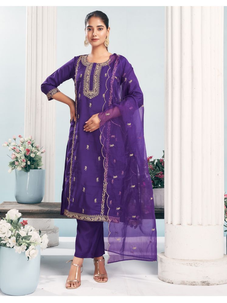     			Skylee Silk Blend Embellished Kurti With Pants Women's Stitched Salwar Suit - Purple ( Pack of 1 )