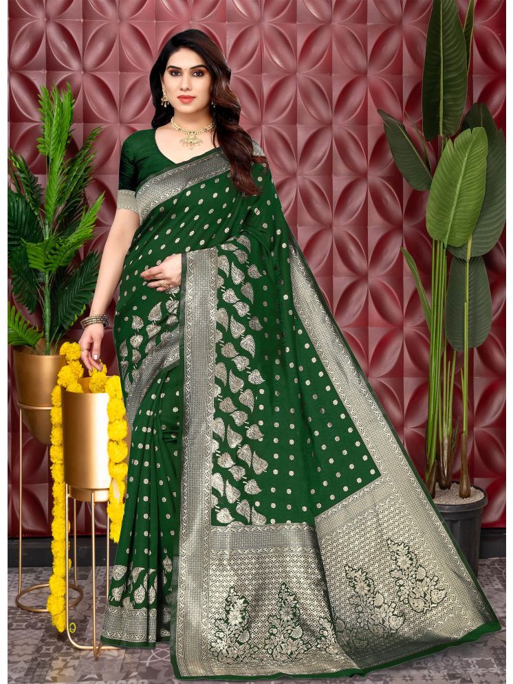     			Trijal Fab Banarasi Silk Embellished Saree With Blouse Piece - Green ( Pack of 1 )