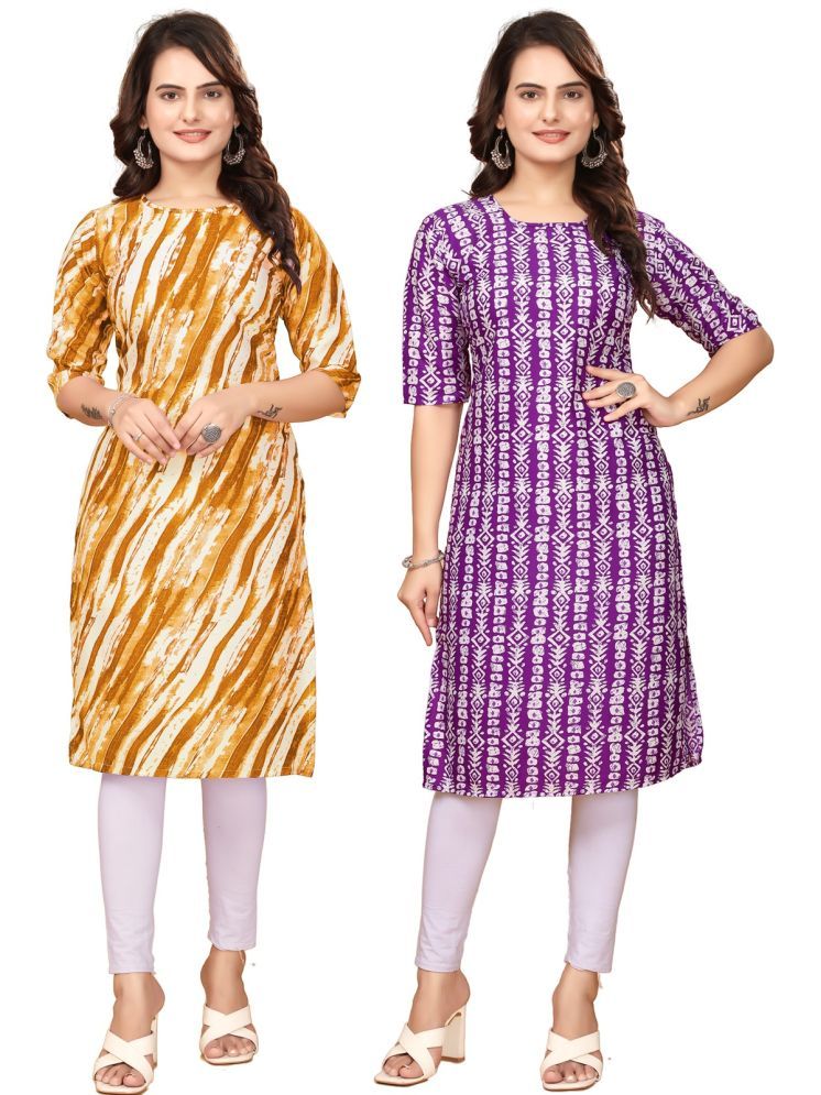     			VACHHARAJ GROUP Crepe Printed Straight Women's Kurti - Yellow,Lavender ( Pack of 2 )