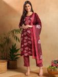 Vaamsi Rayon Printed Kurti With Pants Women's Stitched Salwar Suit - Maroon ( Pack of 1 )