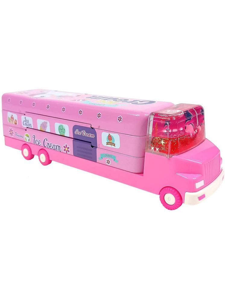     			Pack of 1 Double Decker Magic Ice Cream Police Car Multi Level Metal Bus Unicorn Pencil Case with Movable Wheels for Kids Boys Girls