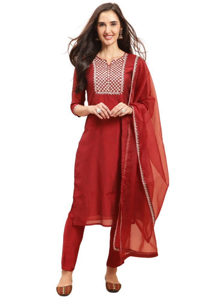     			Rajnandini Chanderi Embroidered Kurti With Pants Women's Stitched Salwar Suit - Maroon ( Pack of 1 )