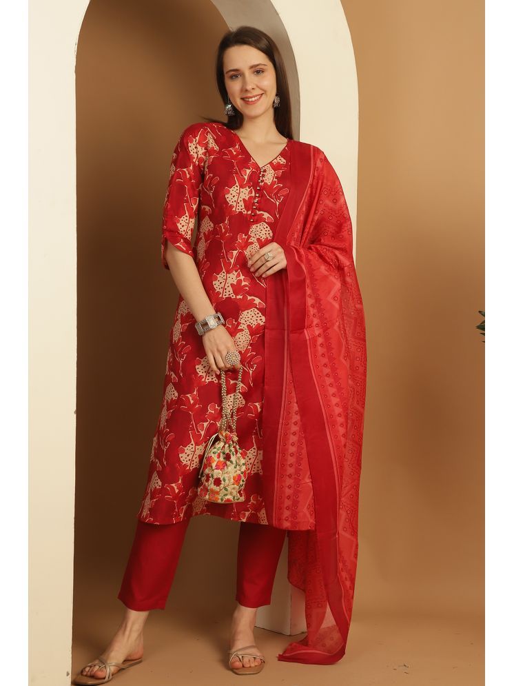     			Rajnandini Cotton Blend Printed Kurti With Pants Women's Stitched Salwar Suit - Red ( Pack of 1 )