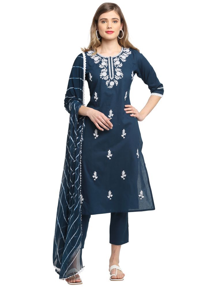     			Rajnandini Cotton Embroidered Kurti With Pants Women's Stitched Salwar Suit - Blue ( Pack of 1 )