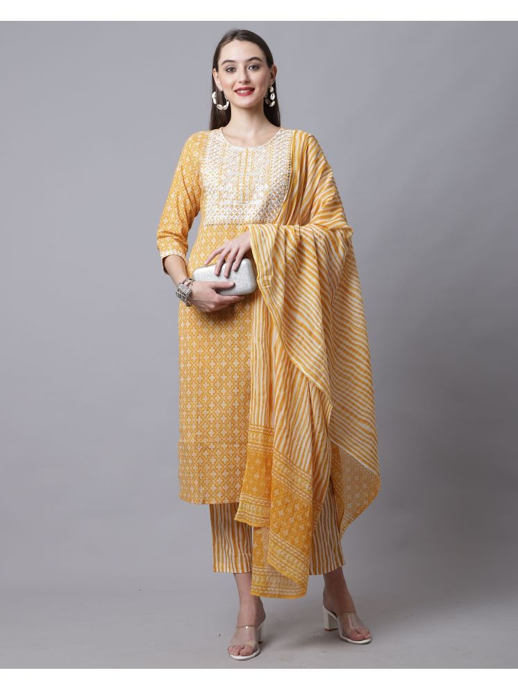     			Rajnandini Cotton Embroidered Kurti With Pants Women's Stitched Salwar Suit - Yellow ( Pack of 1 )