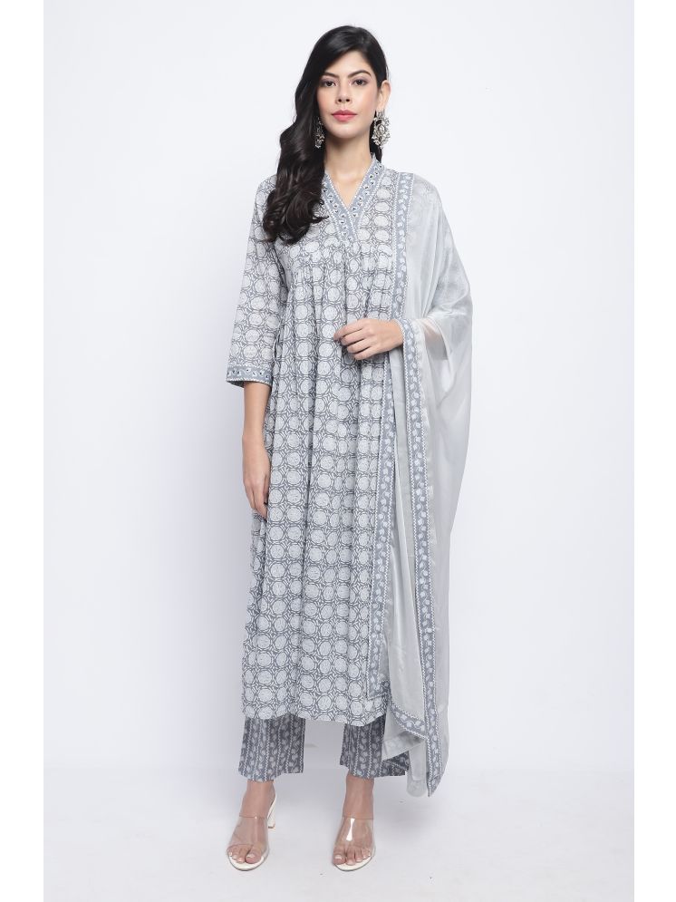     			Rajnandini Cotton Printed Kurti With Pants Women's Stitched Salwar Suit - Grey ( Pack of 1 )