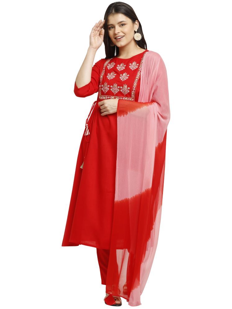     			Rajnandini Rayon Embroidered Kurti With Pants Women's Stitched Salwar Suit - Red ( Pack of 1 )