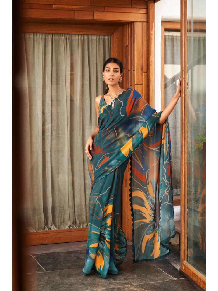     			Rangita Satin Printed Saree With Blouse Piece - Rama,Multicolour ( Pack of 1 )