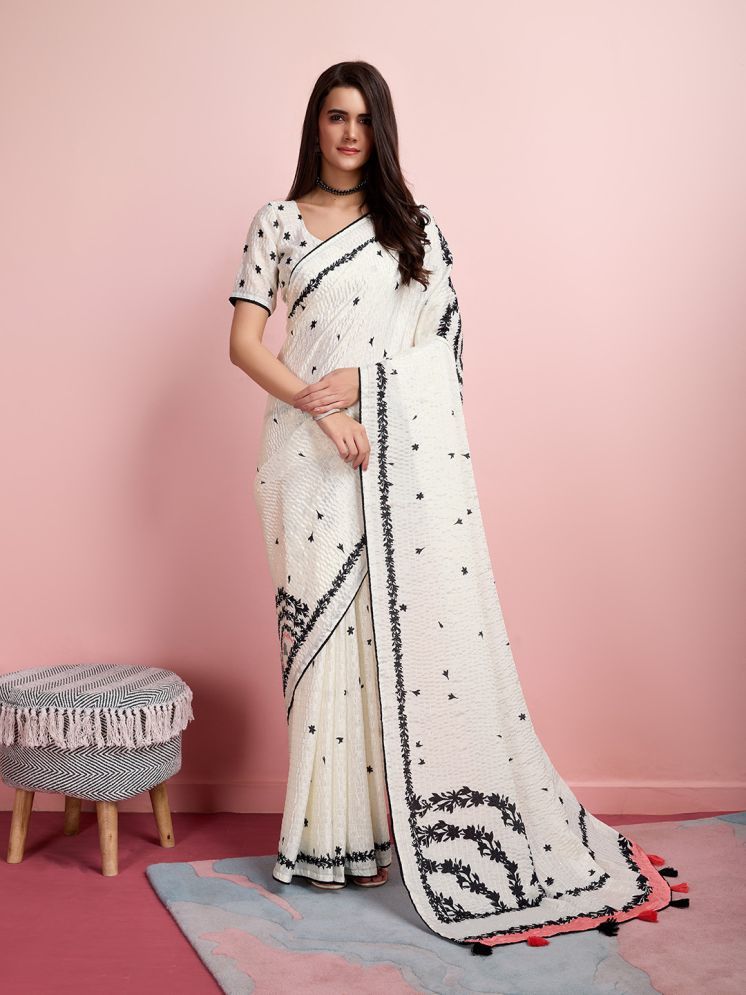     			Rekha Maniyar Silk Blend Striped Saree With Blouse Piece - White ( Pack of 1 )