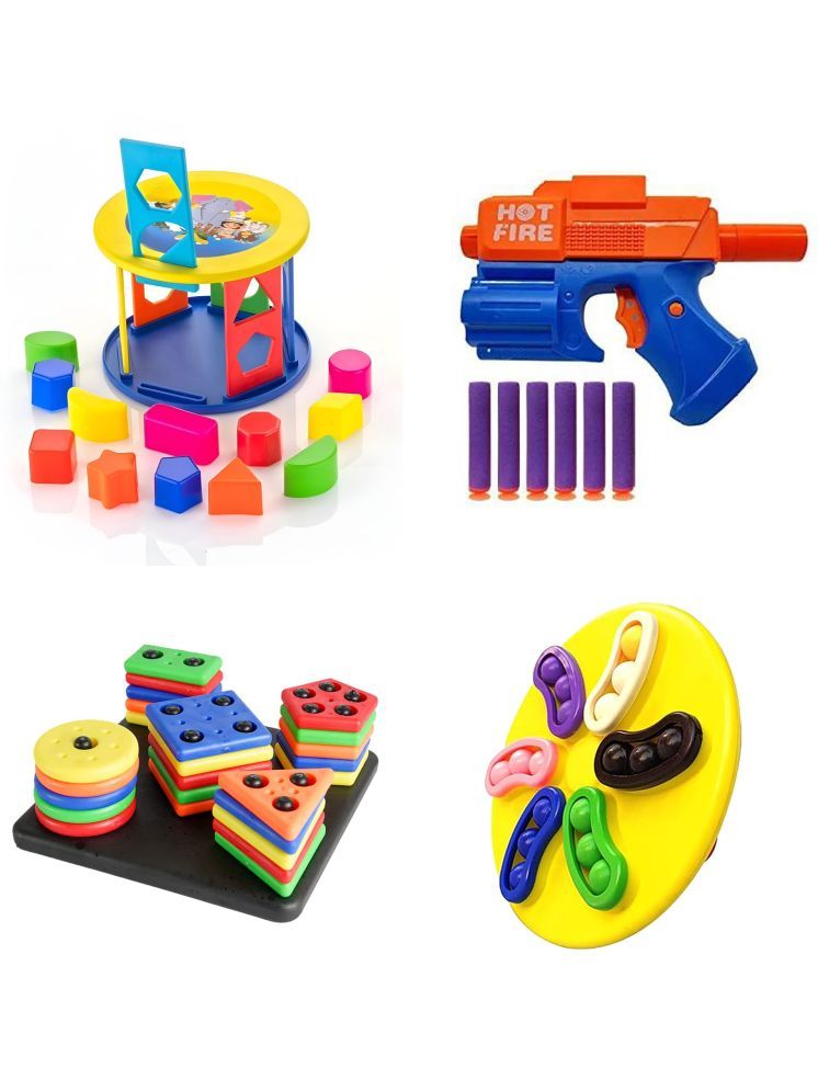     			TOY DEKHO 4-in-1 Shape Sorting Cylinder Magic Spin Square Stacker Puzzle Champ Soft Blaster Gun Baby Activity Toy for Shapes Color Recognition Educational Toy for Boys Girls Age 2-6 Years