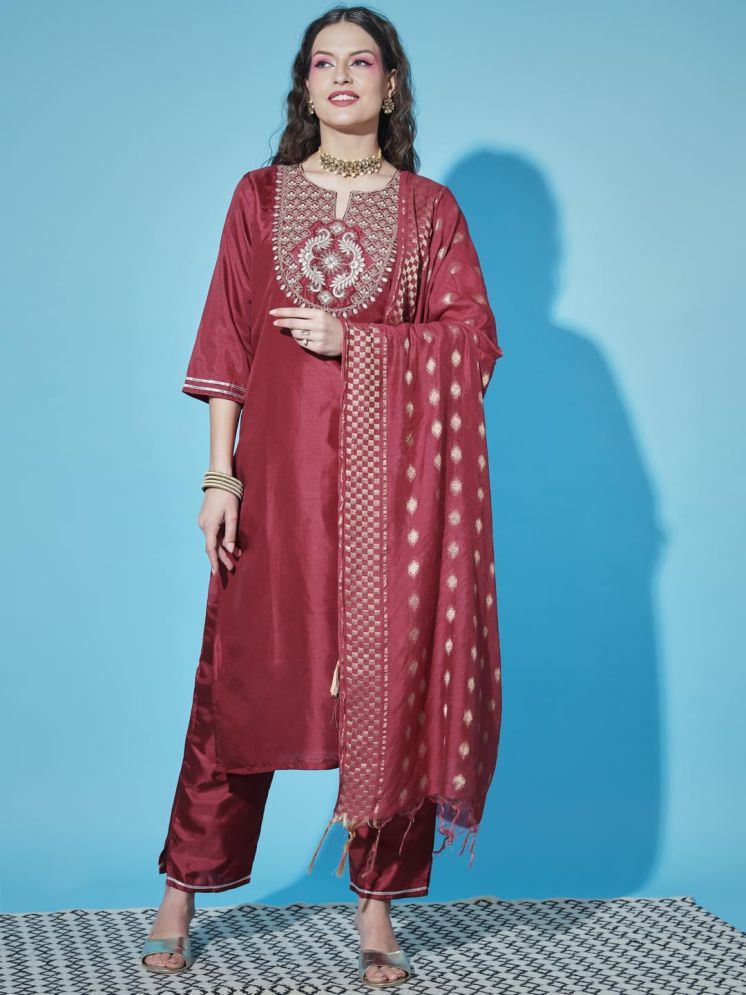     			VredeVogel Cotton Silk Embroidered Kurti With Pants Women's Stitched Salwar Suit - Red ( Pack of 1 )