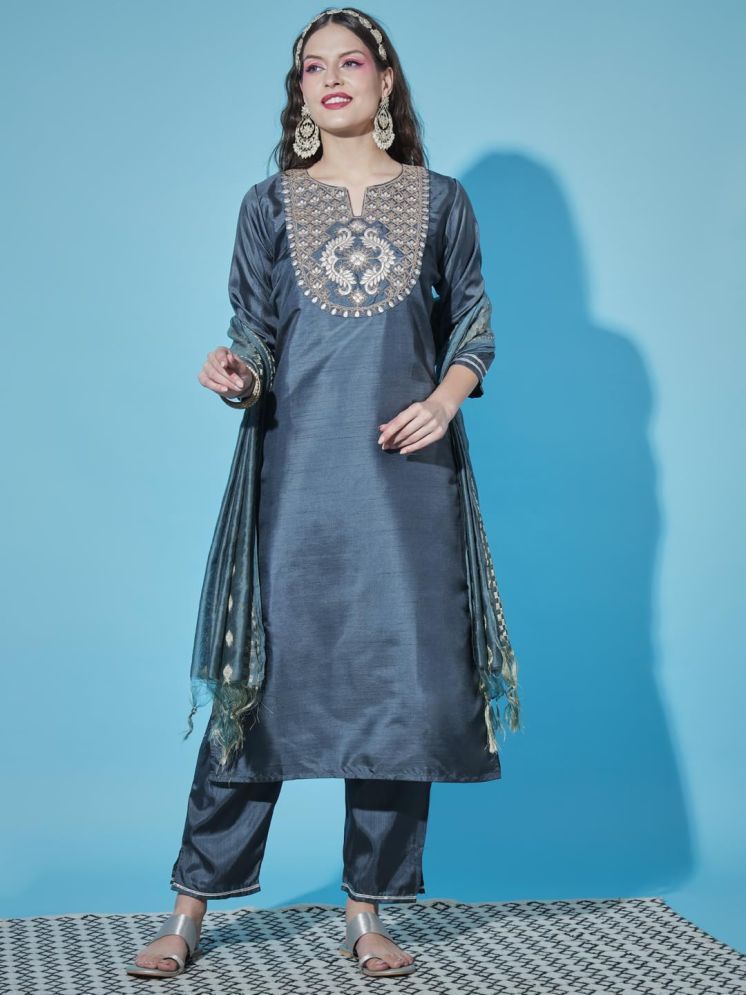     			VredeVogel Cotton Silk Embroidered Kurti With Pants Women's Stitched Salwar Suit - Grey ( Pack of 1 )