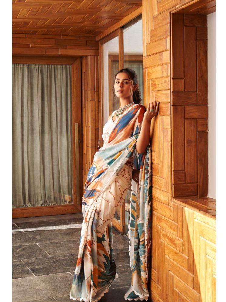     			Rangila Satin Printed Saree With Blouse Piece - Off White ( Pack of 1 )