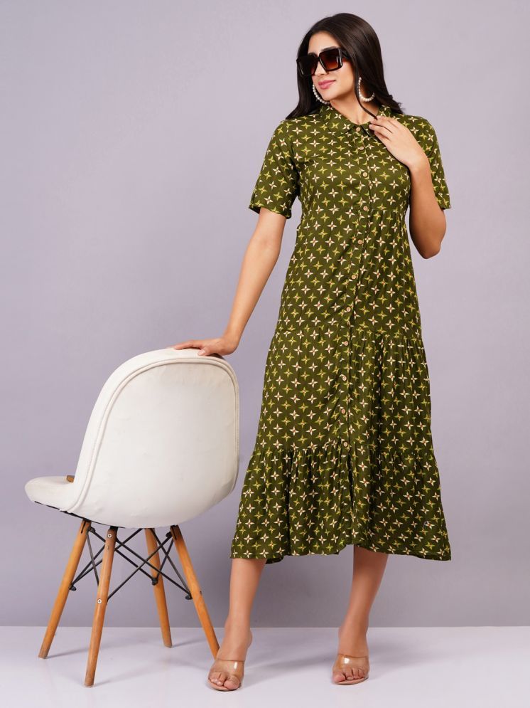     			HIGHLIGHT FASHION EXPORT Rayon Printed Midi Women's Shirt Dress - Green ( Pack of 1 )