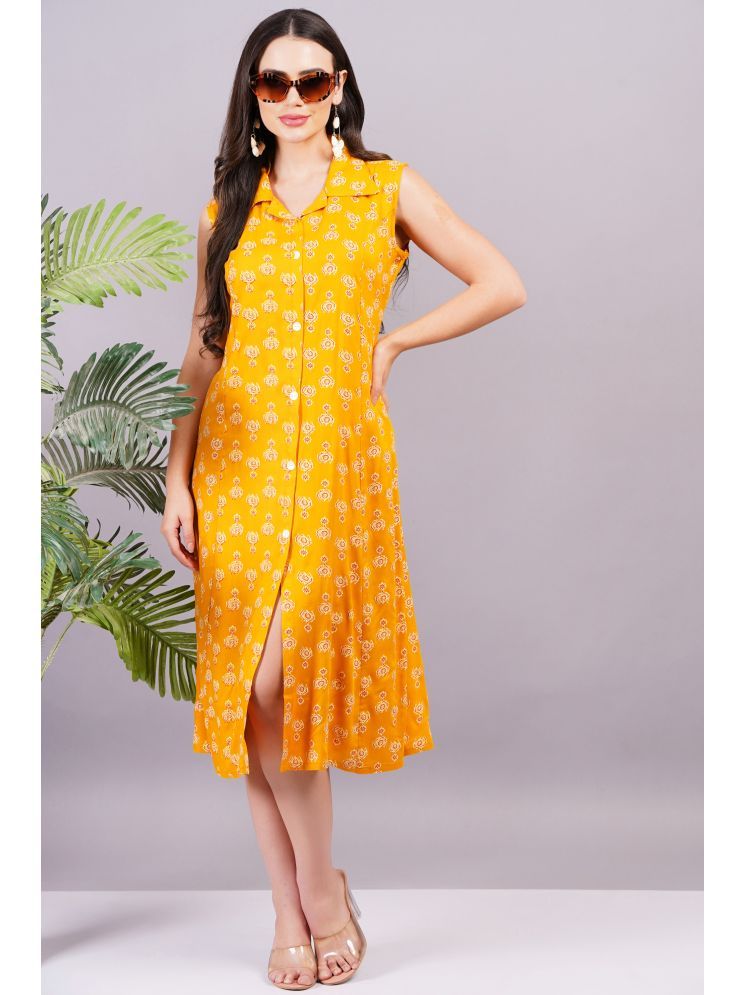     			HIGHLIGHT FASHION EXPORT Rayon Printed Midi Women's Fit & Flare Dress - Yellow ( Pack of 1 )