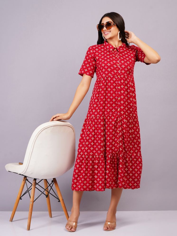     			JC4U Rayon Printed Midi Women's Shirt Dress - Red ( Pack of 1 )