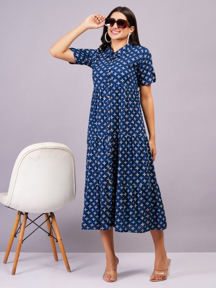     			Jyoti Rayon Printed Midi Women's Fit & Flare Dress - Navy ( Pack of 1 )