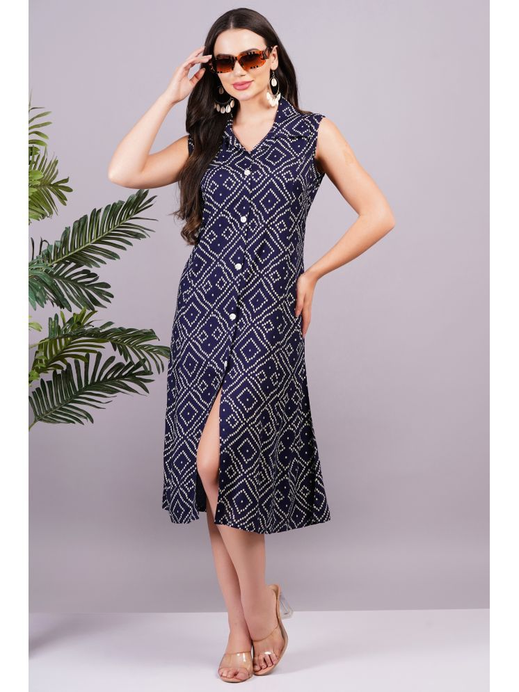     			Jyoti Rayon Printed Midi Women's Shirt Dress - Navy ( Pack of 1 )