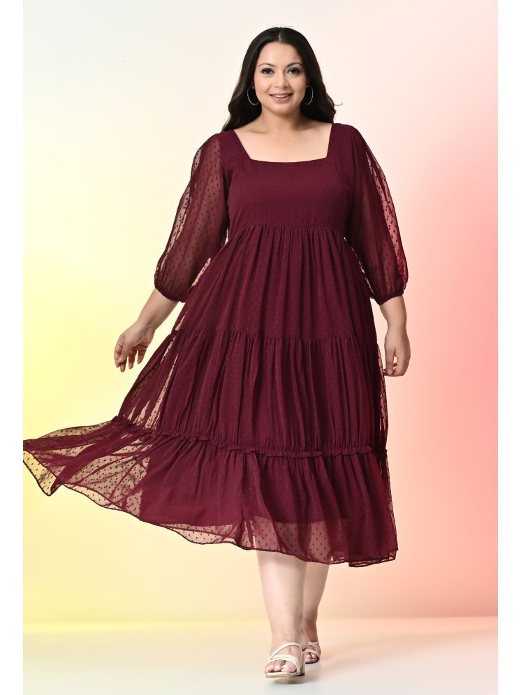     			PrettyPlus by Desinoor.com Georgette Self Design Midi Women's Fit & Flare Dress - Wine ( Pack of 1 )