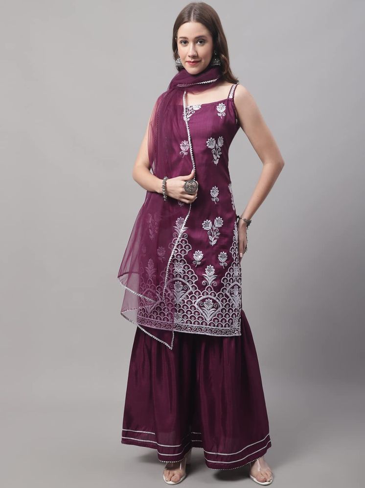     			VredeVogel Cotton Silk Embroidered Kurti With Sharara And Gharara Women's Stitched Salwar Suit - Purple ( Pack of 1 )