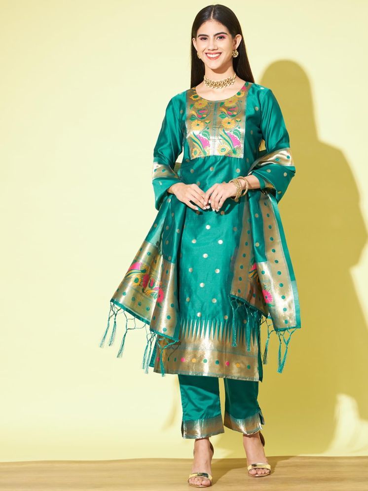     			VredeVogel Cotton Silk Printed Kurti With Pants Women's Stitched Salwar Suit - Green ( Pack of 1 )