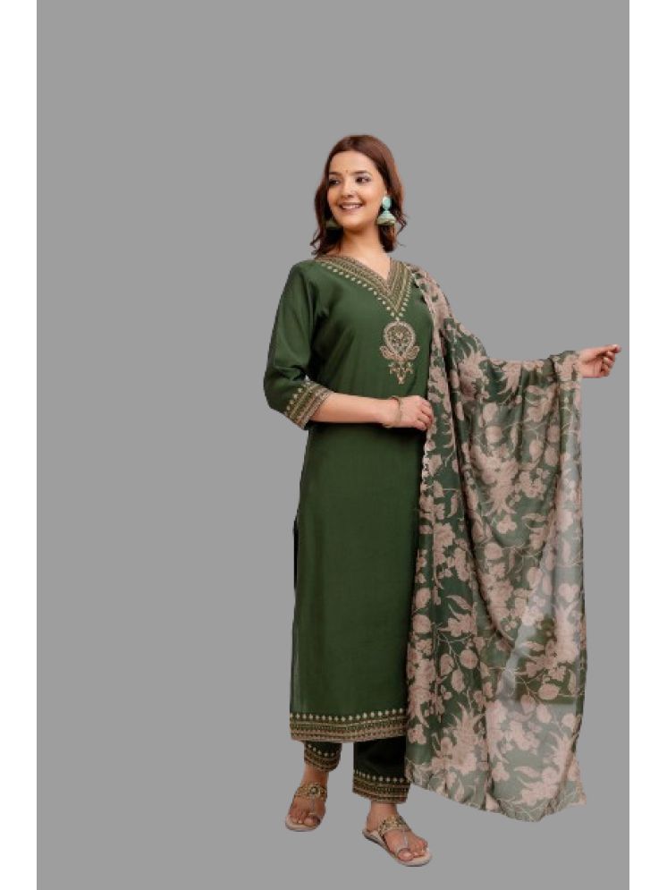     			VARNI VESH Cotton Silk Embroidered Kurti With Pants Women's Stitched Salwar Suit - Green ( Pack of 1 )