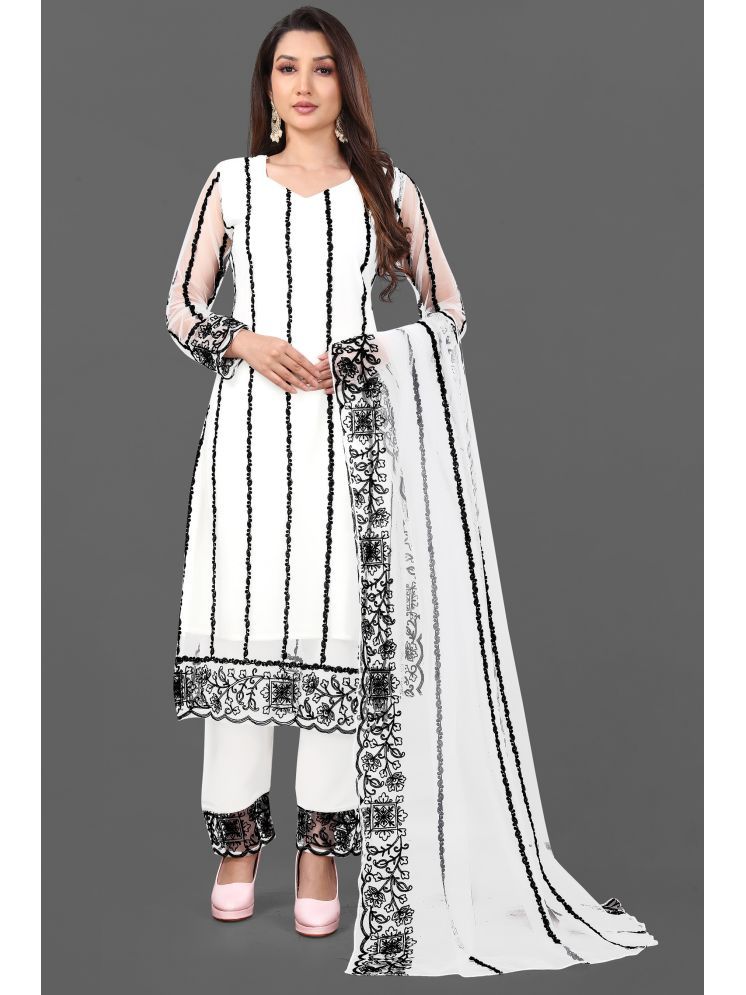     			LEKHIT Net Striped Kurti With Pants Women's Stitched Salwar Suit - Off White ( Pack of 1 )