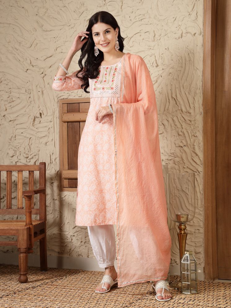     			Stylum Cotton Blend Embroidered Kurti With Harems Pants Women's Stitched Salwar Suit - Peach ( Pack of 1 )