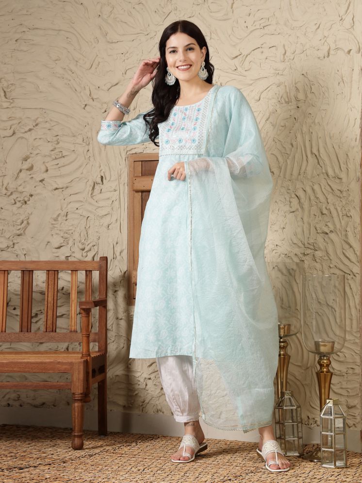     			Stylum Cotton Blend Embroidered Kurti With Harems Pants Women's Stitched Salwar Suit - Turquoise ( Pack of 1 )