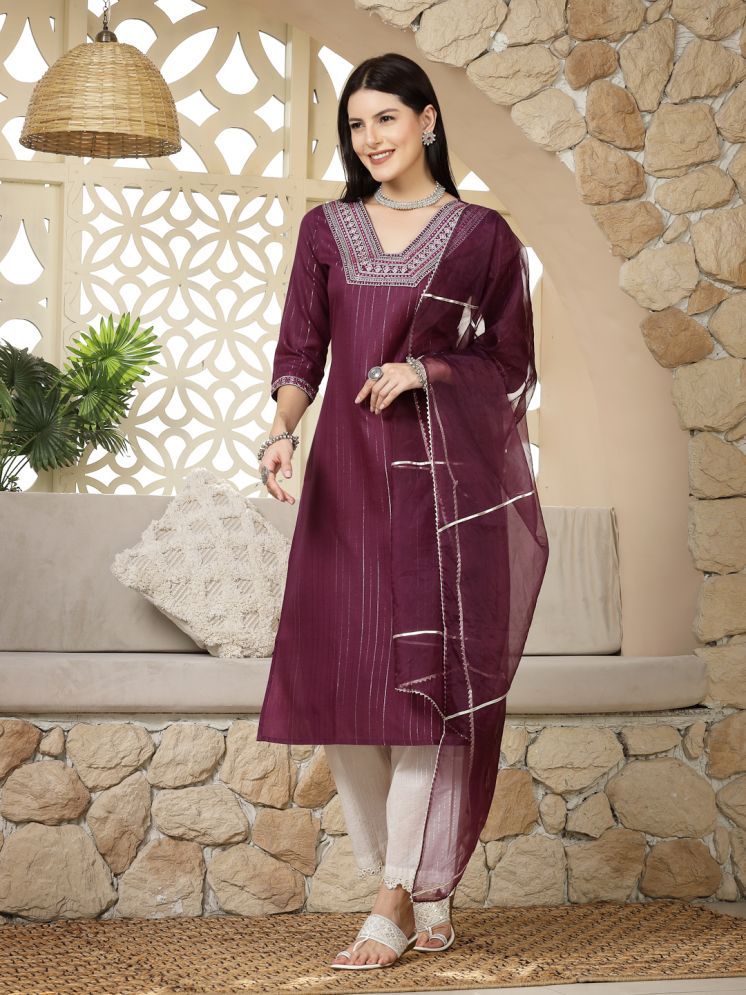     			Stylum Cotton Blend Embroidered Kurti With Pants Women's Stitched Salwar Suit - Purple ( Pack of 1 )