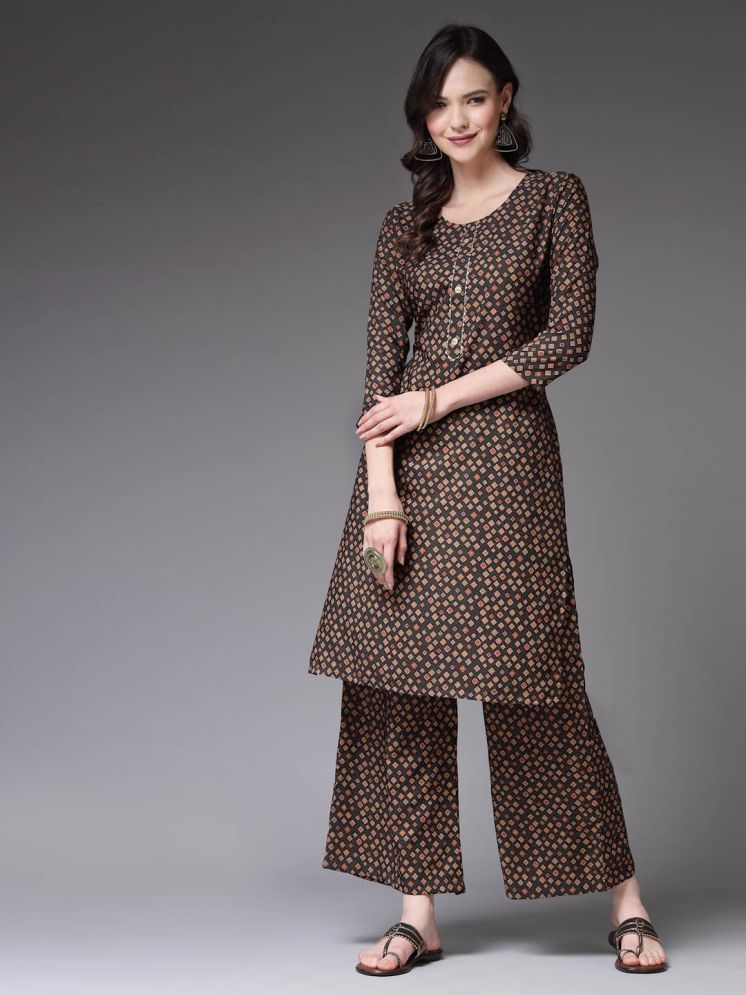     			Stylum Crepe Printed Kurti With Palazzo Women's Stitched Salwar Suit - Brown ( Pack of 1 )