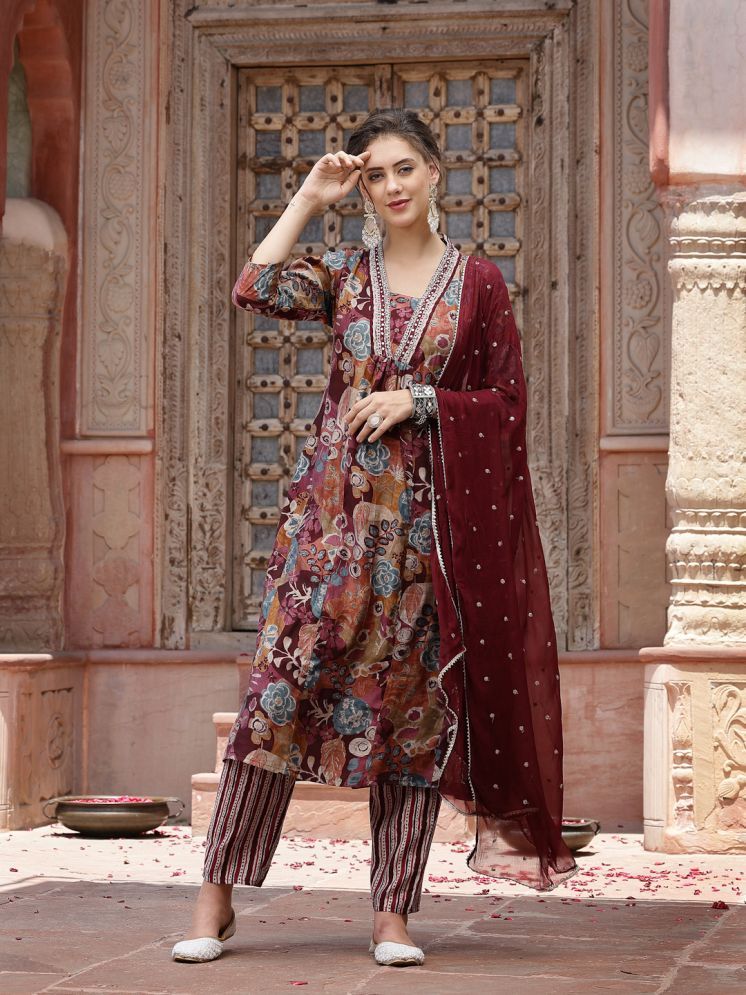     			Stylum Silk Blend Embroidered Kurti With Pants Women's Stitched Salwar Suit - Wine ( Pack of 1 )