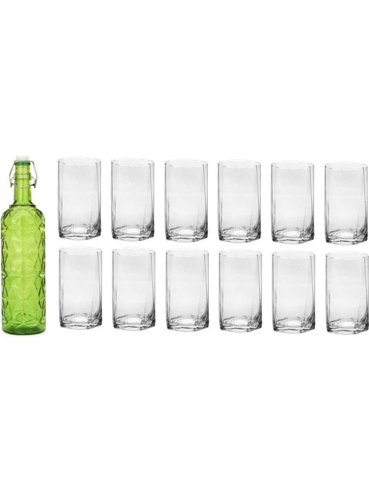     			1st Time Glass Serving Set with Bottle Green Glass Fridge Water Bottle 250 mL ( Set of 13 )