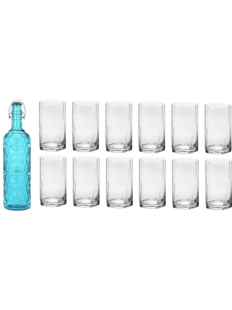     			1st Time Glass Serving Set with Bottle Blue Glass Fridge Water Bottle 250 mL ( Set of 13 )