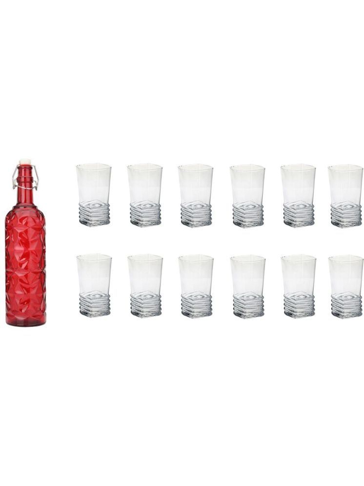     			1st Time Glass Serving Set with Bottle Red Glass Fridge Water Bottle 300 mL ( Set of 13 )