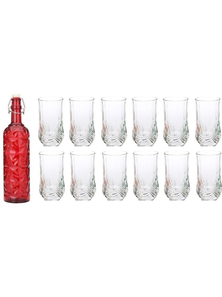     			1st Time Glass Serving Set with Bottle Red Glass Fridge Water Bottle 350 mL ( Set of 13 )